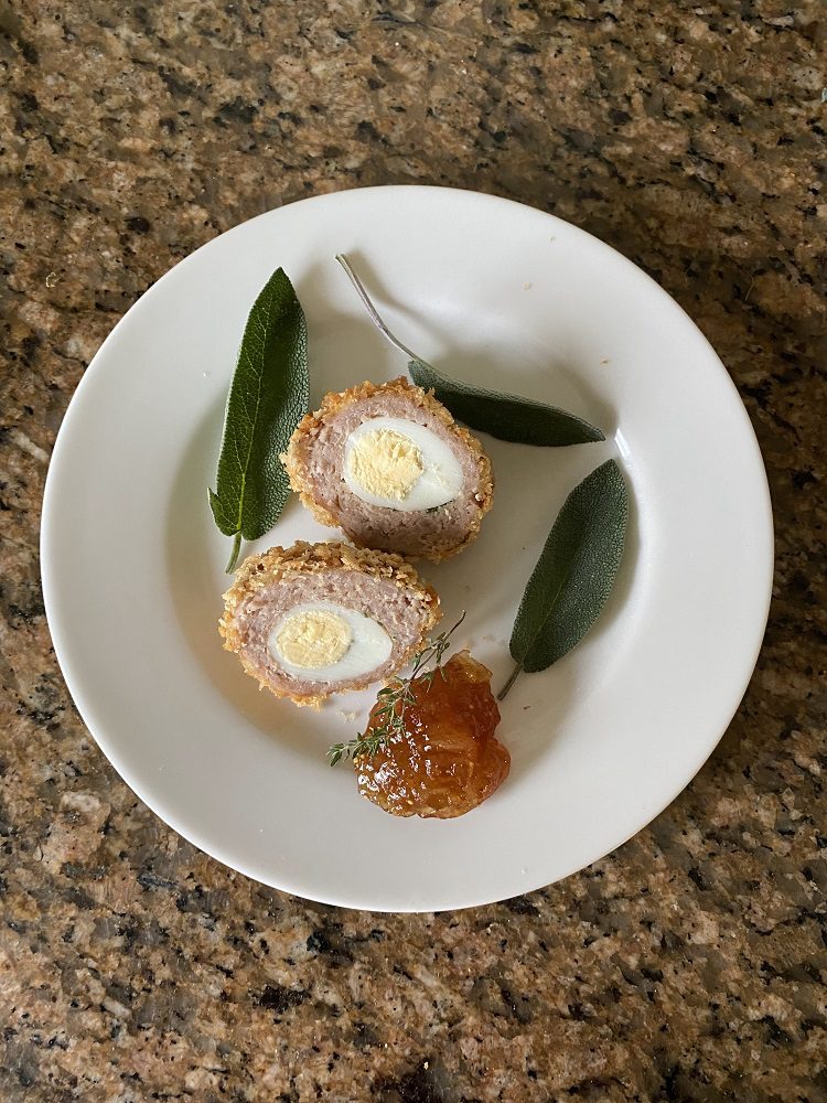 Val Stone's Festive Quail Scotch Eggs - On a plate and ready to eat