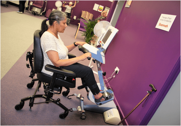 Grace uses the new chair frequently to complete the cycling element of her exercise circuit.