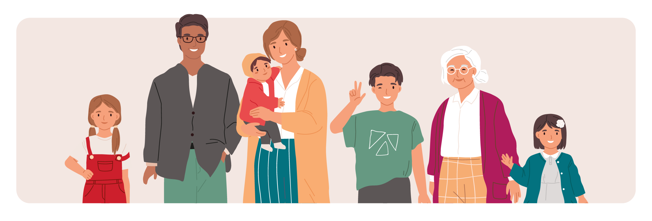 Multi-generational living: illustration of people of different age groups, including older adults and young children