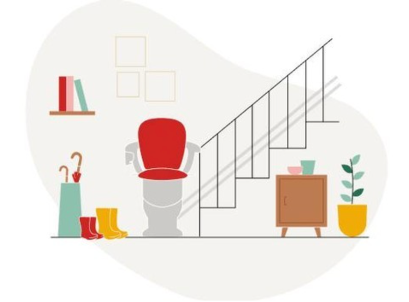 Illustration of a chairlift at the bottom of stairs in a home.