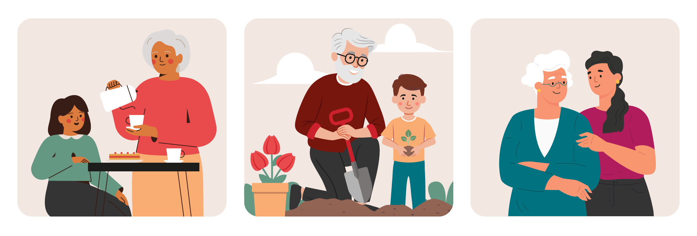 Multi-generational home benefits: an adult child talking with an older family member, relatives gardening and eating together.