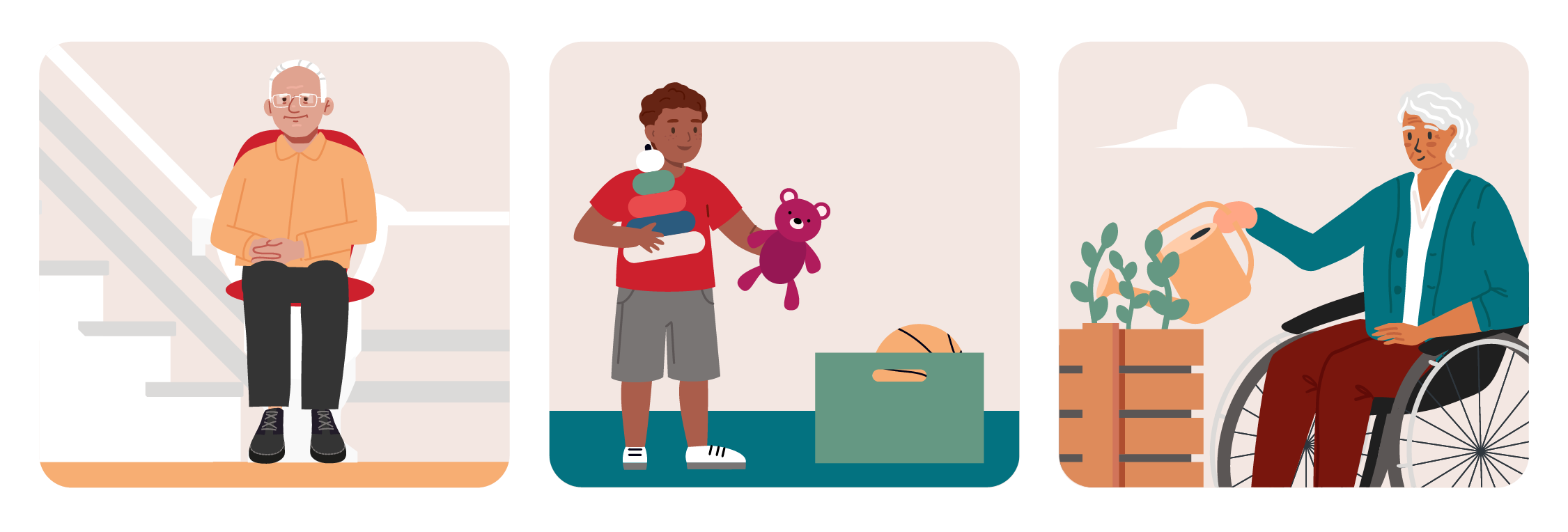 Preparing for multigenerational homes: illustration of a child holding a stack of toys, an elderly person on a stairlift, an elderly person gardening