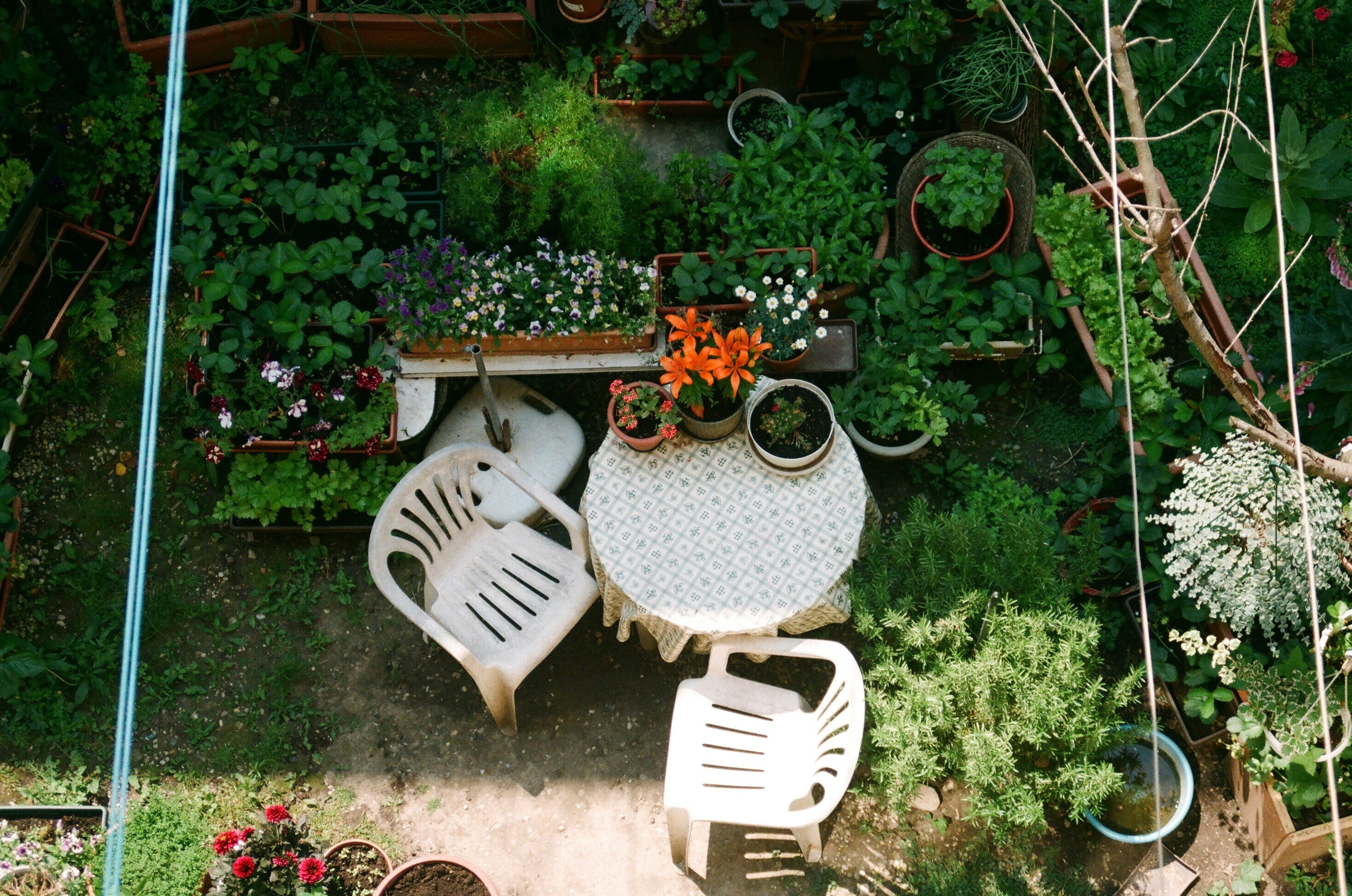 Small garden from above with furniture, shelves, pots and washing lines