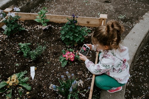 A young girl is playing in the garden 