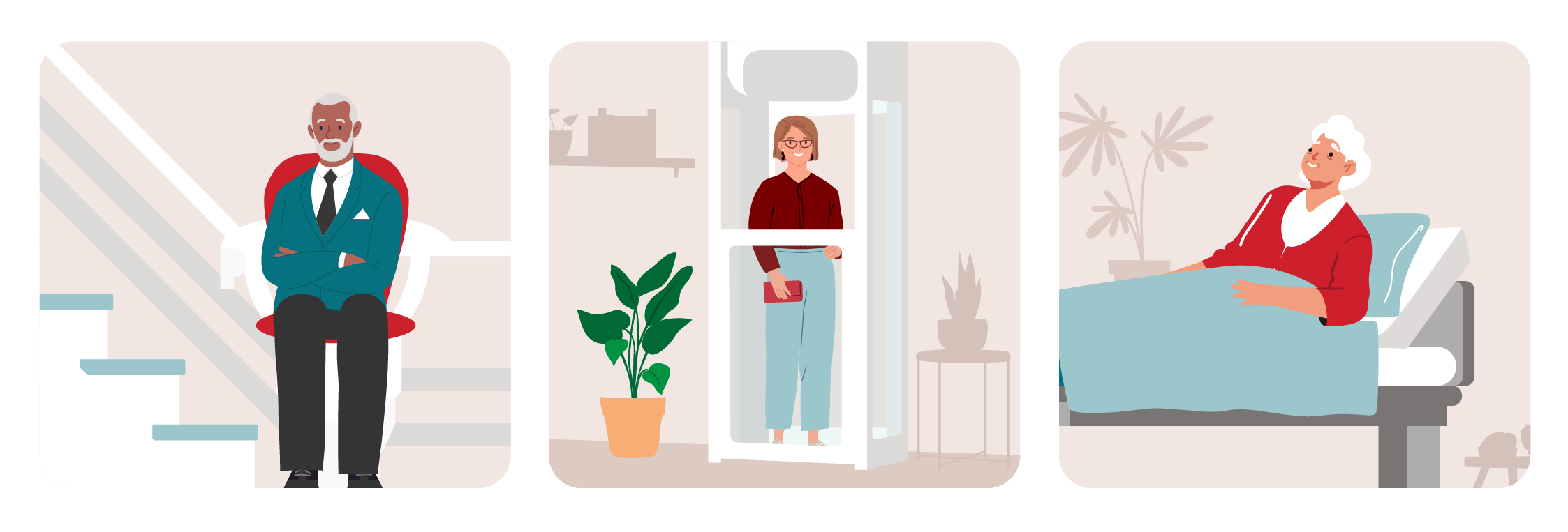 llustration of home adaptation options, including stairlift, home lift, and adjustable bed